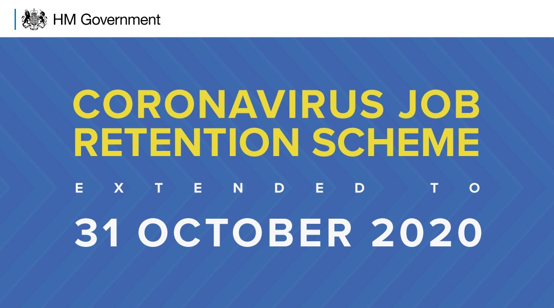 A blue backdrop with text that reads: Coronavirus Job Retention Scheme extended to 31 October 2020