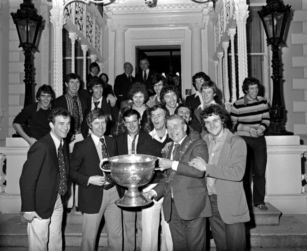 MansionHouseDub's tweet photo. There's no @DubGAAOfficial to follow at the moment but here's a throwback to 1977 &amp; the reception for All-Ireland Champions Dublin incl Kevin Moran, Paddy Cullen &amp; Sam Maguire who were hosted in the Mansion House by @LordMayorDublin Michael Collins.  Photos archived by @dubcilib https://t.co/21QaKllj5r