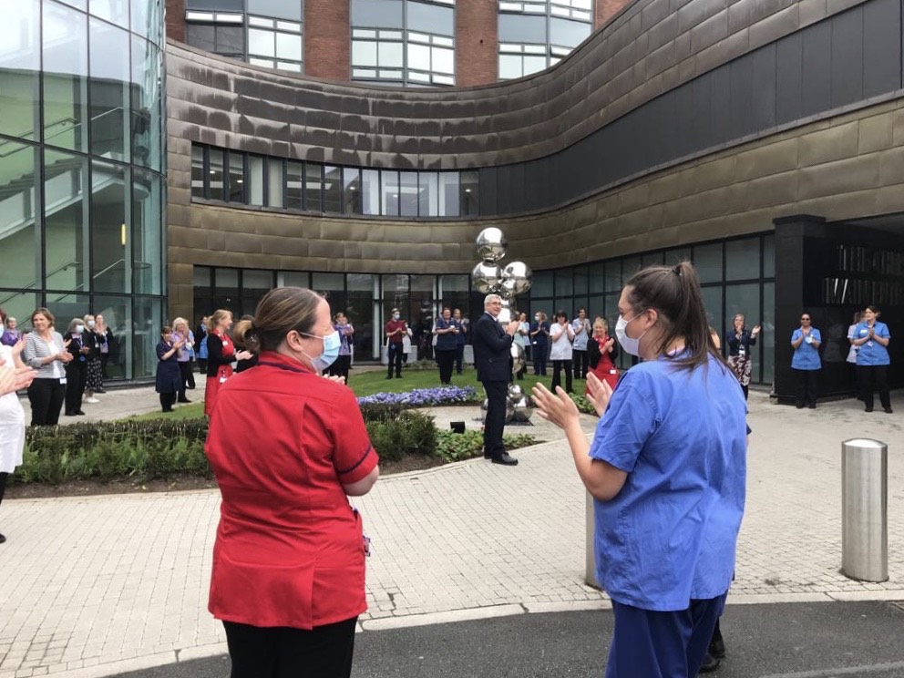 TheChristieNHS's tweet photo. At 11am today our staff came together to celebrate #InternationalNursesDay, clapping to show their support and thanks to our nurses 👏 💙 

#ThankYouNurses #IND2020 @NHSEngland https://t.co/ySZ6RAPSpl