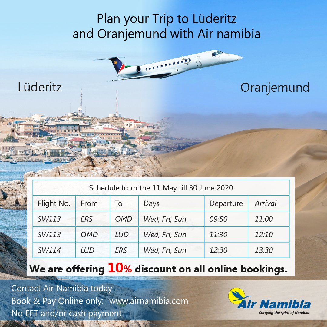 airnamibia1's tweet photo. Plan your trip to Luderitz and Oranjemund with #airnamibia #flyairnamibia #luderitz #oranjemund #bookonline #flyonly https://t.co/sZLlcruWRc