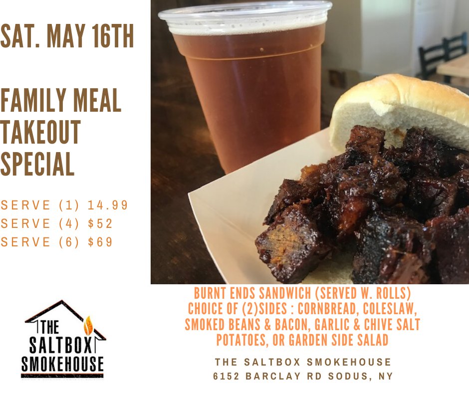 SaltboxS's tweet photo. Sat. May 16 Dinner Special (3-8 PM) Burnt Ends Sandwich (Beef Brisket carmelized in BBQ and topped with red onion). Served with 2 sides: Cornbread, Smoked Beans &amp; Bacon, Coleslaw, Garlic &amp; Chive Salt Potatoes or Side Salad

Curbside Take out: 315-553-2663

6152 Barclay Rd. Sodus https://t.co/gUK4lP0r34