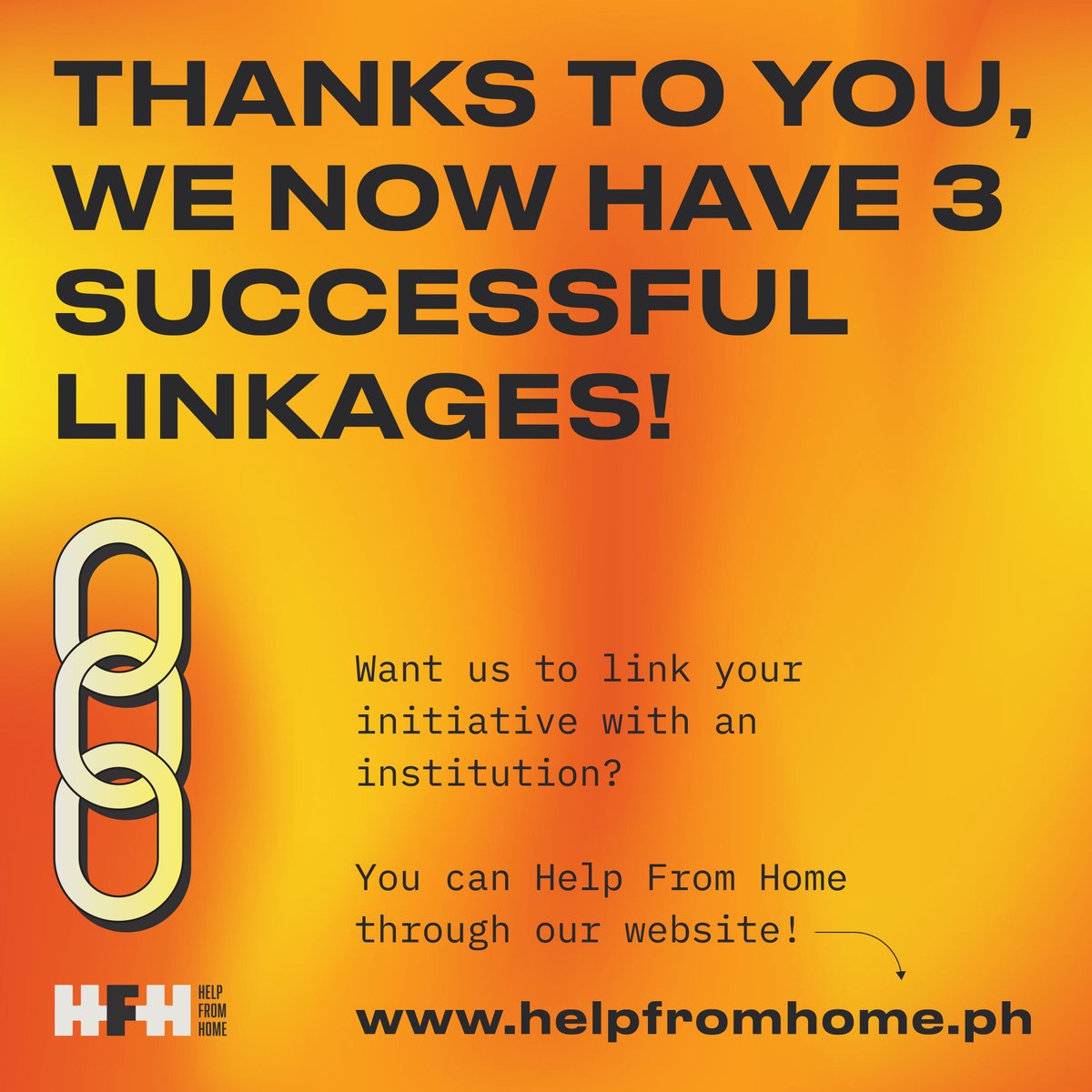 HelpfromhomePH's tweet photo. Did you know that #HelpFromHome also does Linkages? 😱 Thanks to you, we've equipped our frontliners through 3 SUCCESSFUL LINKAGES! 🤝 🎉💯

Looking for an institution you can help out? 🤔 Message us on our website! 
👉 https://t.co/lTpduIbAXa 

#HelpFromHomePH #HFHPH #phcvdonate https://t.co/RI6pqAtDdM