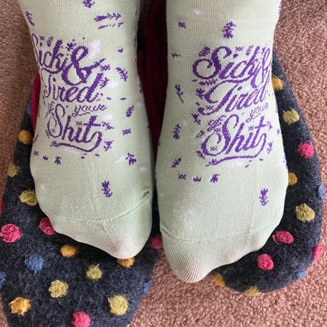 LaDoylePR's tweet photo. The most appropriate sock choice for today after all those gov announcements... Biggest #WFH benefit is never having to wear shoes. I might buy myself some work slippers for when we're back in the office... https://t.co/QJg6CicBVq