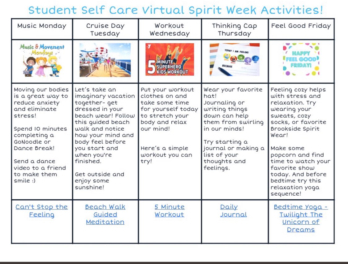 MrsJurjevic's tweet photo. Our virtual Self-Care Spirit Week continues. Today is Cruise Day Tuesday! Self-care is all about what you make of it and it can be fun 🏖. @JFGelementary https://t.co/tSD5ogHNW9