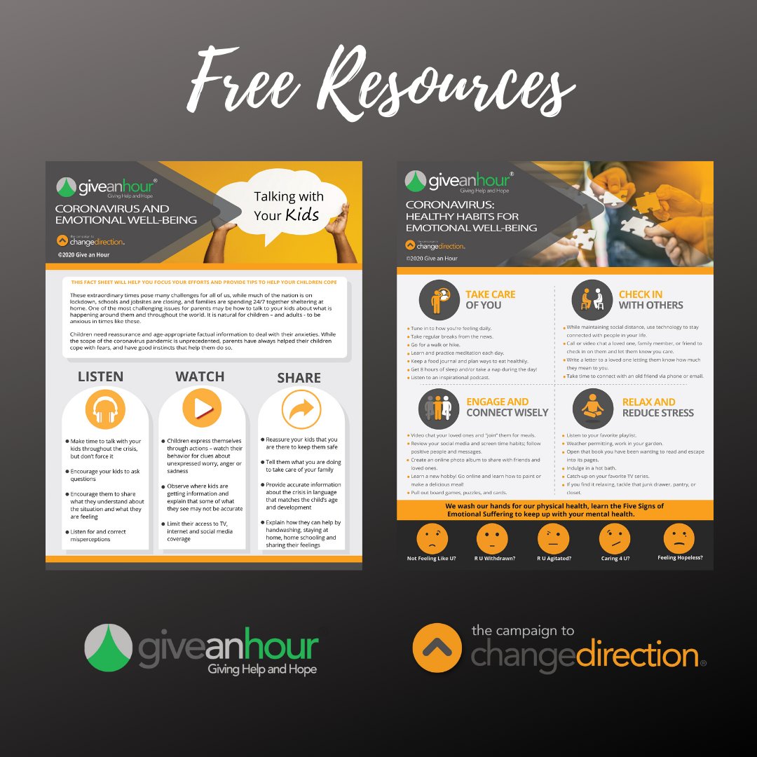 giveanhour's tweet image. Staying mentally healthy while we continue to navigate the coronavirus is important. We’ve created helpful resources you can download for free: bit.ly/3bmA8qW #changedirection
