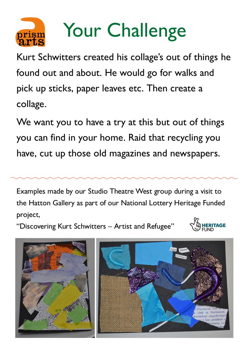 peopleatprism's tweet photo. Today we wanted to share with you a task inspired by our @HeritageFundUK project, “Discovering Kurt Schwitters – Artist and Refugee”
Support Prism Arts - https://t.co/GXdCqJoebE https://t.co/icVIHbpBJC