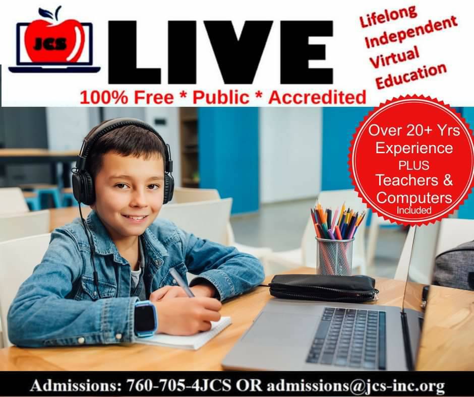 JCSLIVE1's tweet photo. *Breaking News* JCS LIVE is Enrolling Now for Fall Semester. 20+ years of ACCREDITED, FREE, PUBLIC, VIRTUAL, EDUCATION. Grades TK-12. Call 760-705-4JCS or visit https://t.co/h9mnwJQVP3 https://t.co/8VbjFZX6ES