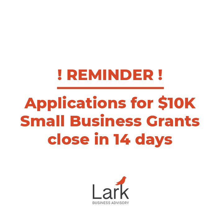LarkAdvisory's tweet photo. Reminder! Applications for the $10K Small Business Grants close in 14 days.
Not sure what the $10K Small Business Grant is? Find out here: https://t.co/qEnWCjczYB
#lark #larkadvisory #smallbusiness #business #grant #governmentstimulus #coronavirus #covid19 #businessgrant https://t.co/5g4wYD11Bf