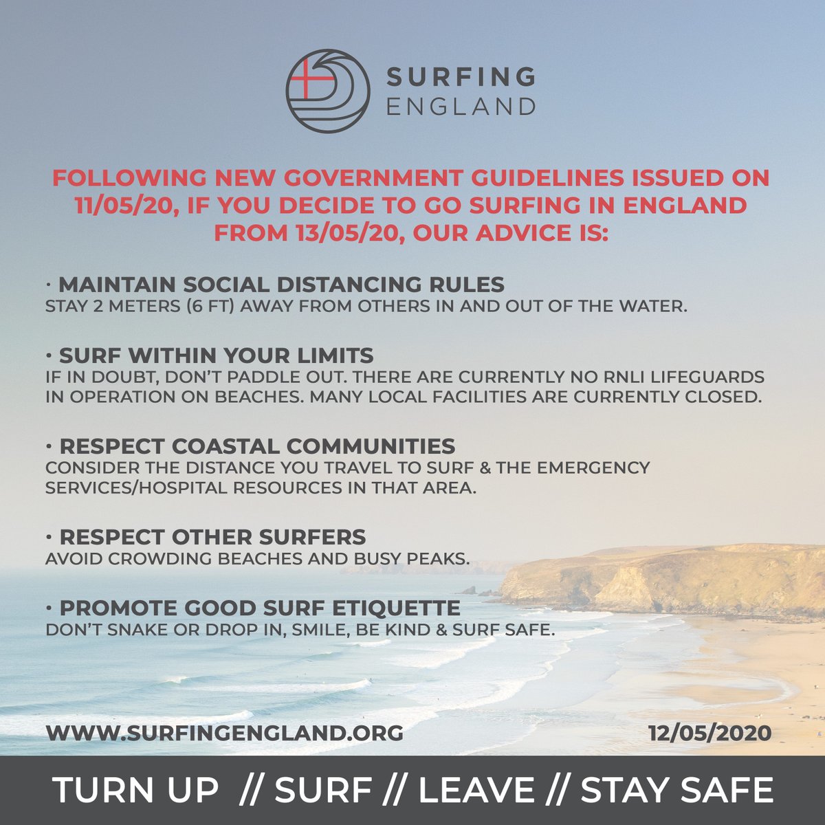 📣 New Government Guidance from Wednesday 13th May for England. If you decide to go Surfing in England read this surfingengland.org/surfing-guidan… ⚠️ There are currently no RNLI Lifeguards on beaches- If you see someone in difficulty in the water, dial 999 and ask for the Coastguard. 🏄‍♂️🏄🏾‍♀️