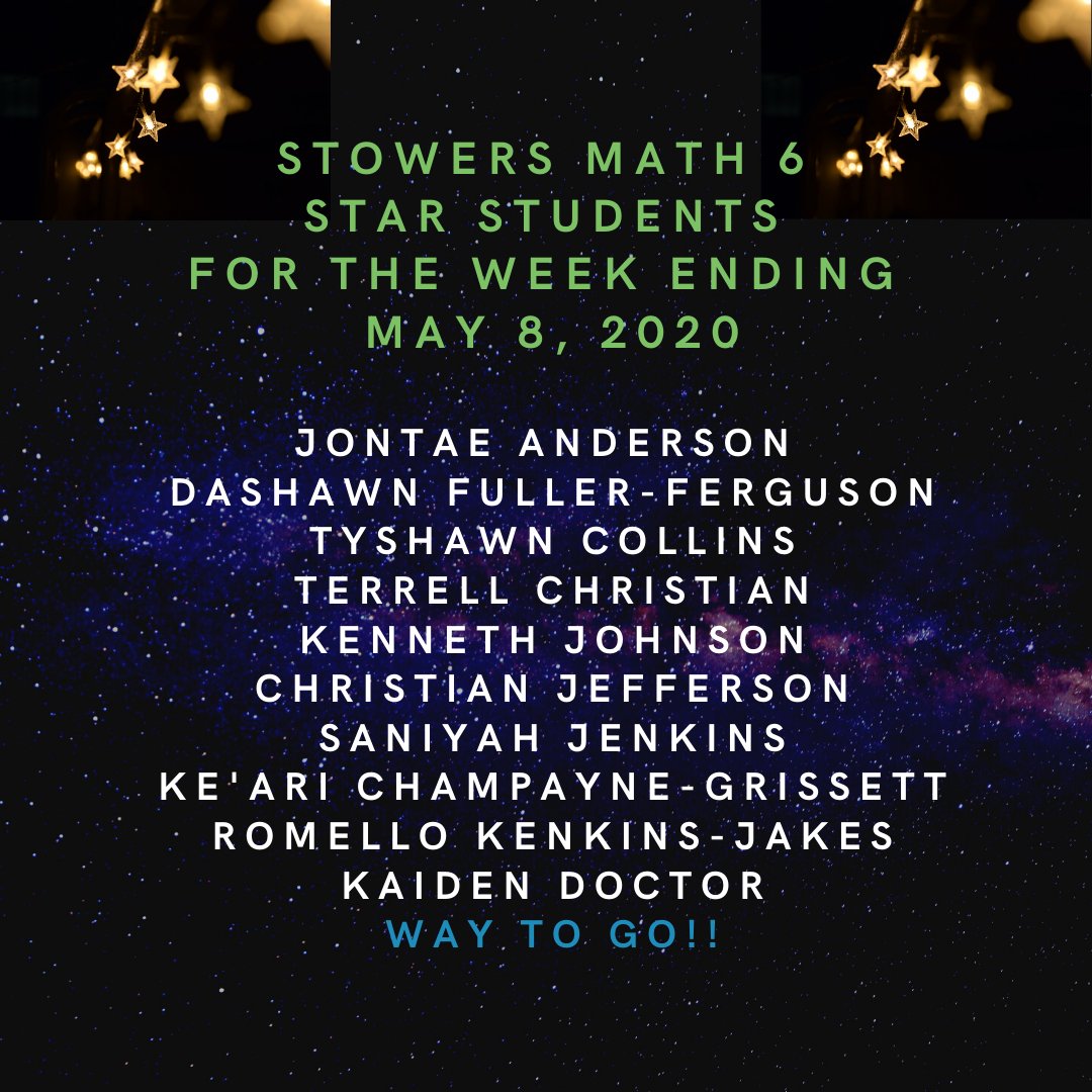 SimmonsPinckney's tweet photo. Ms. Stowers' announces her 6th Grade Star Students for the week ending May 8, 2020. You guys are out of this world! #pantherpride #spmstudentsuccess #pantherREADY #spmstrong #elearning #thisisccsd https://t.co/6WfvRLa6B3