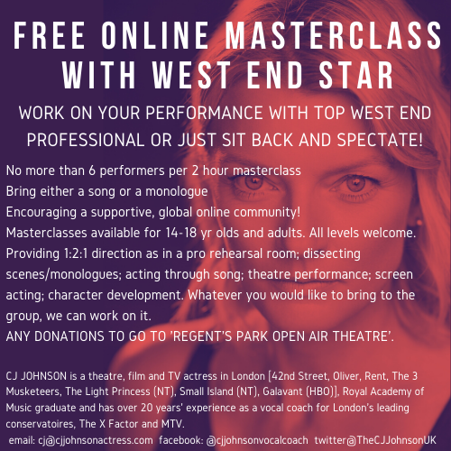 TheCJJohnsonUK's tweet photo. STILL 3 SPACES LEFT FOR 14-18 YEAR OLDS TO PARTICIPATE IN A FREE MASTERCLASS TOMORROW! 10.00(GMT). You will be joining 3 budding actor/singers in Hong Kong! Prepare a short song/monologue/scene and receive 20 mins focussed direction on your performance. #westendmasterclass https://t.co/8onRMEjx53