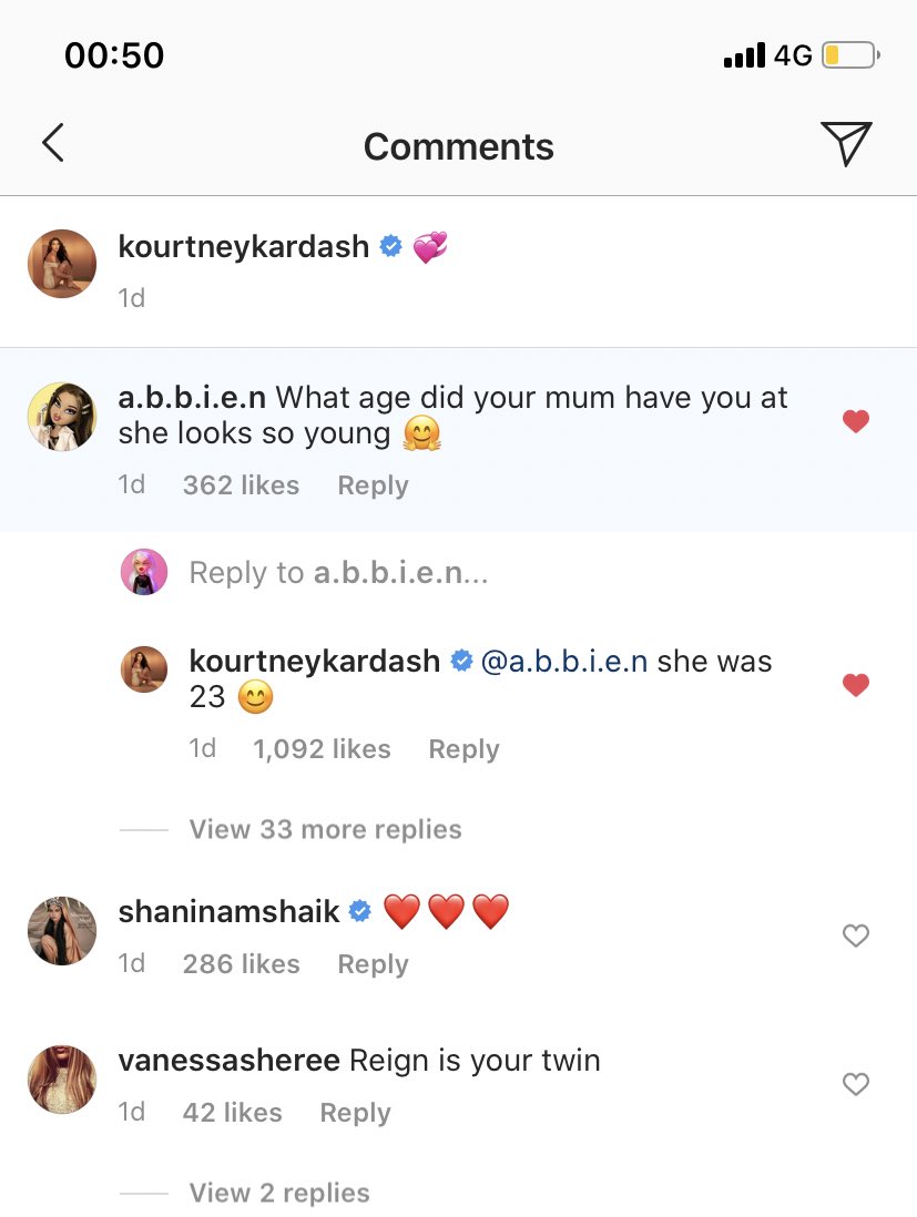 eva_christiex's tweet photo. Casually scrolling through Kourtney Kardashians insta and realised she has actually replied to my 12 yo cousins comment but my cousins not bothered mentioning it to anyone as if it’s no big deal 🤣🤣🤣 SHOOK!! https://t.co/JDAS9IWREd