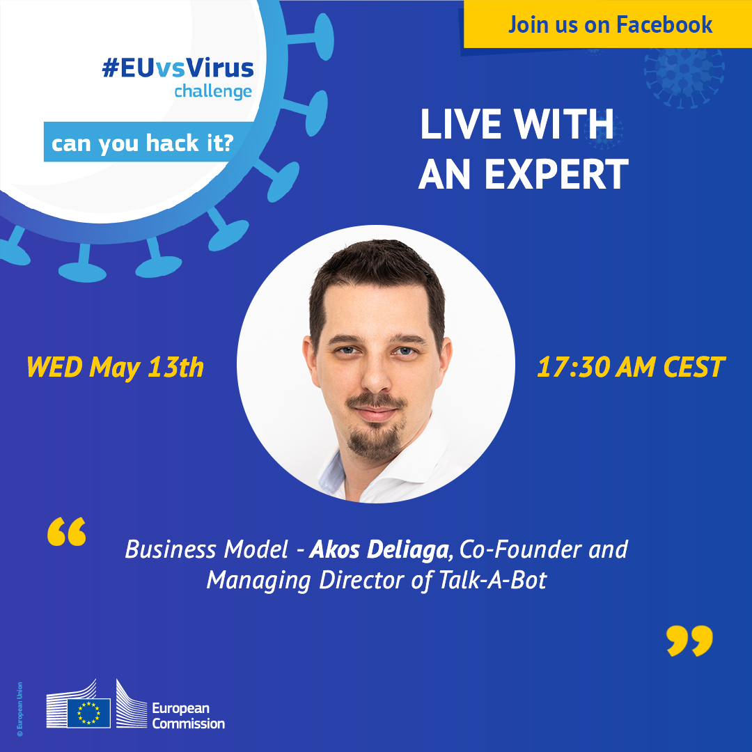 ceuilab's tweet photo. Two of CEU iLab startup founders, Edit Ditte Szabó from Kider App, and Ákos Deliága from Talk-A-Bot will kick-off the expert session series of the #EUvsVirus #Matchathon tomorrow! Join us on the EUvsVirus Facebook page at 11am and at 5:30pm CET tomorrow!: https://t.co/Kv1Zjg123A https://t.co/rMGoyz78Du