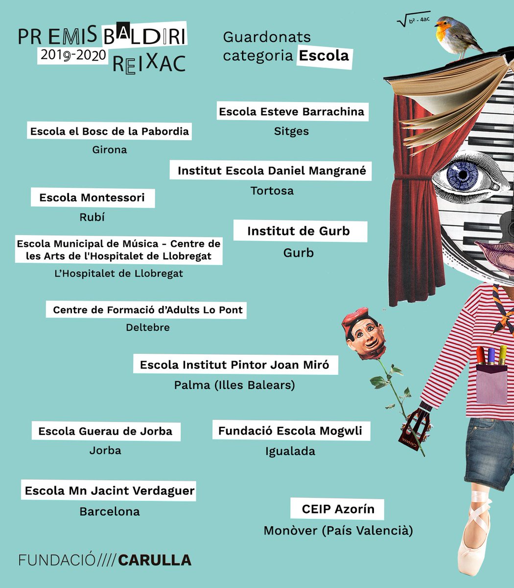 FundacioCarulla's tweet photo. 📣 Ha arribat el moment, amb tots vosaltres: els guanyadors d’#ElsBaldiri2020❗️
Moltes felicitats als guardonats i a tots els participants, feu possible la transformació de l’#educació des de la #cultura. Endavant💫
Iniciem fil amb les categories 'Escola' 🏫 i 'Connexions' 🤝 https://t.co/o9A6kYu745