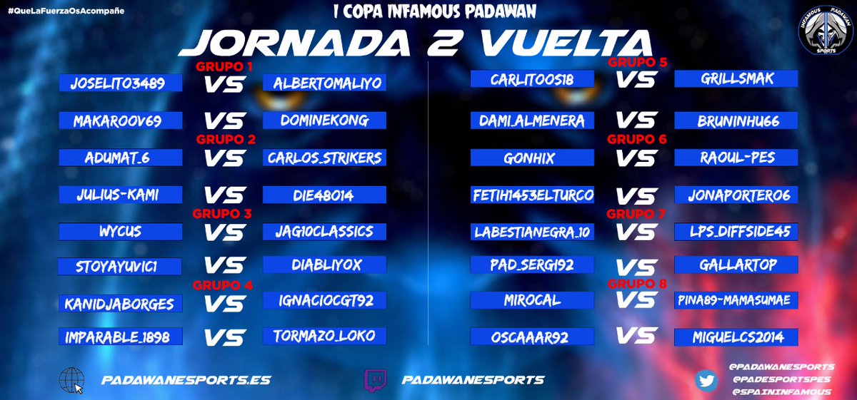 PADeSportsPes's tweet photo. 🇪🇸 Que no se detenga el juego queridos Padawans‼️
➡️Encuentros de vuelta de la 2a jornada #CopaInfamousPadawan🚀
#QueLaFuerzaOsAcompañe
🏴Let the game not stop dear Padawans‼️
➡️Return meetings of the 2nd day
#CopaInfamousPadawan🚀
#MayTheForceBeWithYou
@PadawaneSports https://t.co/iW4eOfLv0I