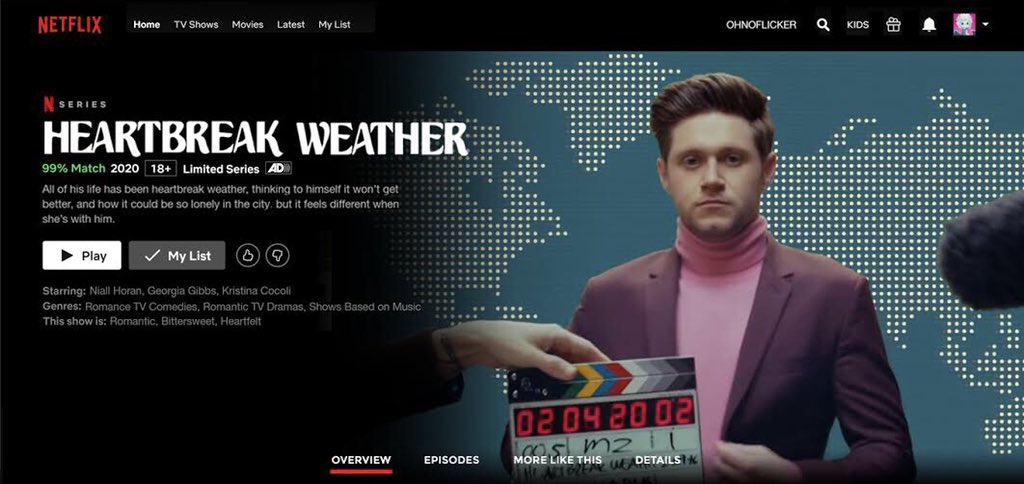 — what if  #HeartbreakWeather   by Niall Horan was a Netflix limited series: a short thread (each episode is one track, has a short description and a “screenshot” of a scene, ps I’ll try my best to make it look neat and coherent as I can)