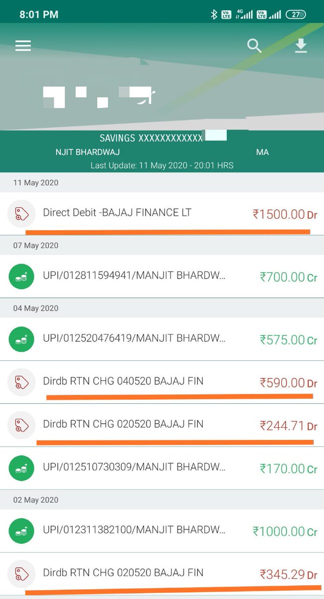 ManjitBhardwaj9's tweet photo. @Bajaj_Finance @Bajaj_Finserv Ref. Loan ac no 4260CDFJ824654. 1st time ever due to covid19 situation my EMI of Rs.1500was paid a bit late but meanwhile you guys debited Rs.1180altogether as retention charges.Don't you guys have any work ethics?Call me 7837731722 @ConsumerReports https://t.co/yDBixrE1Xp