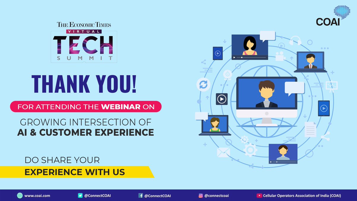 ConnectCOAI's tweet photo. #ETVirtualTech Thank you @ET_Edge for having Mr. Rajan S Mathews moderate the live session on 'Growing Intersection of #AI & Customer Experience'!
Recording link of the webinar: https://t.co/az1e4grjIa
#ETUnWired @rsprasad @DGCOAI @ETTelecom @MDLZ @_gurubhat_ @tcrawford https://t.co/JjfK7bY9wn