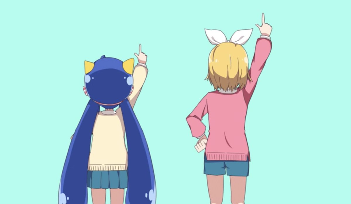 kagamine rin multiple girls 2girls blonde hair from behind index finger raised skirt pointing up  illustration images