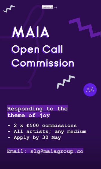 Open Calls are live: bit.ly/maiamay-commis…

Keep Keeping Fund: a bursary for Midlands-based artists to think, reflect, plan or develop. 4 x £300 available.

MAIA Fund: grants for UK artists; 2 x £500 for art of any medium responding to the theme of 'joy'.

Apply by 30 May.
