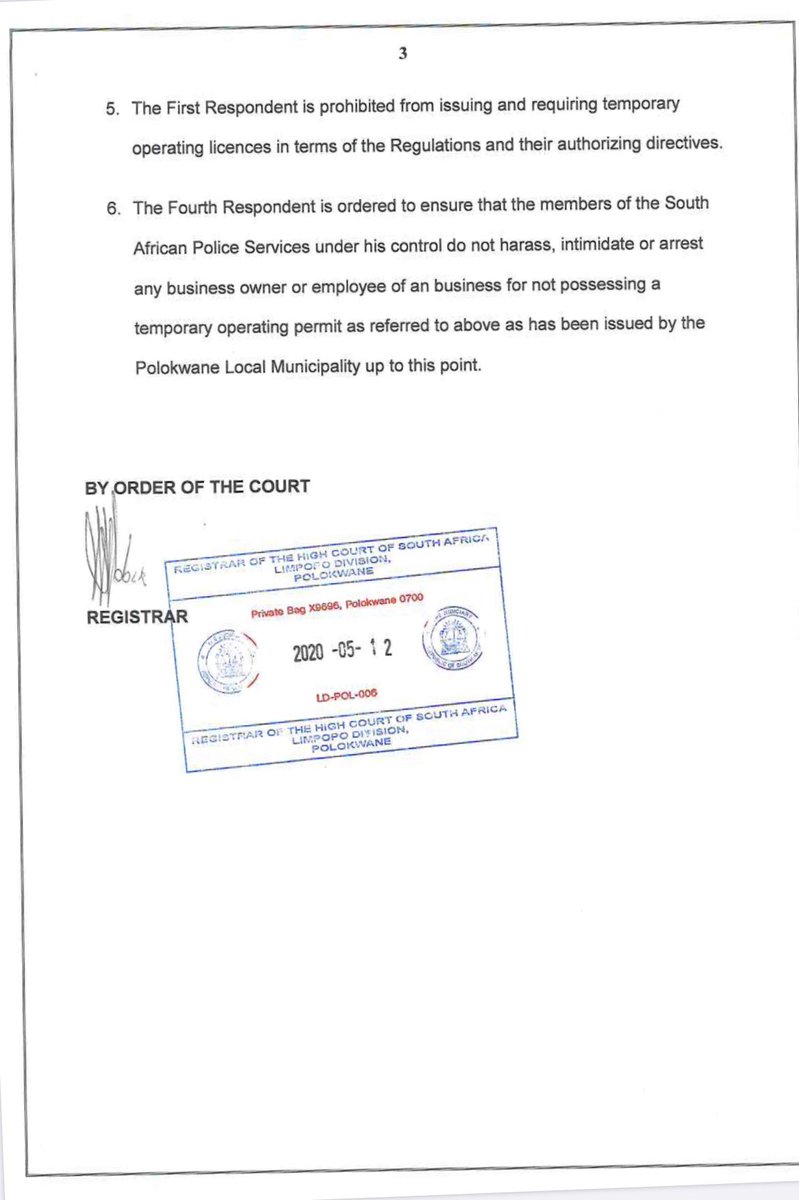 Abramjee's tweet photo. Polokwane High Court that no “temporary permits” are needed to operate a business...and @SAPoliceService ordered to stop intimidating and harassing store owners. https://t.co/H7dJOHm18l