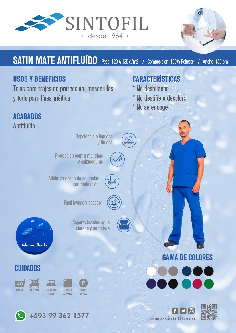 Sintofil's tweet photo. Satin Mate,  es una tela 100% poliéster con Antifluido Ideal para trajes de protección https://t.co/FTal0DhaOE