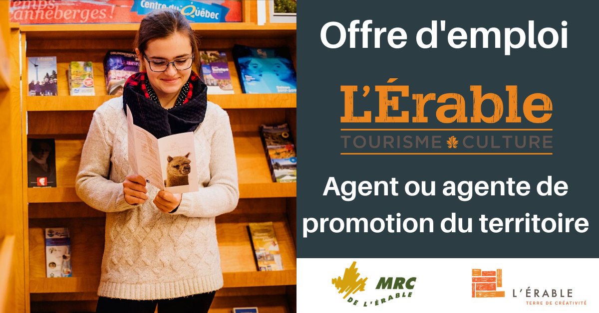 region_erable's tweet photo. OFFRE D'EMPLOI | Agent ou agente de promotion du territoire à #LÉrable TOURISME et CULTURE
Détails ici 👉 https://t.co/hKsi18mHWJ https://t.co/3p2iEtBJJ1