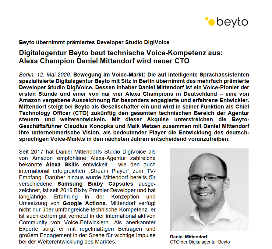 beyto_agency's tweet photo. Großartige Neuigkeiten! Wir freuen uns mit @DanMittendorf einen der renommiertesten Voice Experten bei Beyto an Board zu haben! #bestinclass
Mehr Infos auf Beyto: https://t.co/6uxW0Iw2TF
#beyondtouch #beyto #voice #voicefirst #alexa #googleassistant #samsungbixby https://t.co/v1yDkflTak