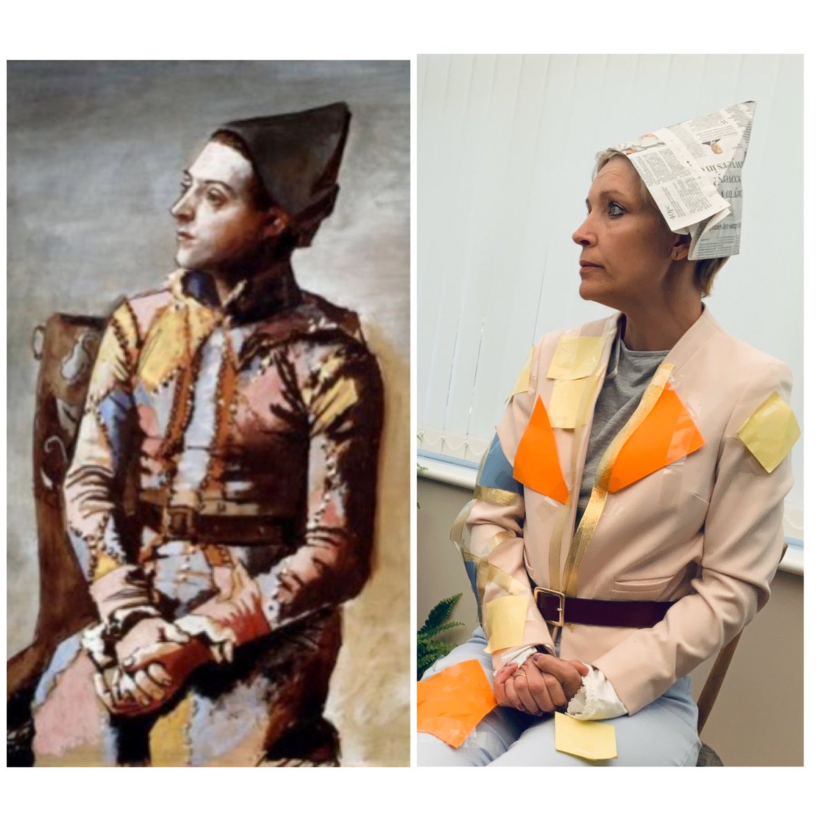 Day 36 of the #betweenartandquarantine #tussenkunstenquarantine and no tights today...but a page from the Daily Telegraph instead 😁

Today’s painting, Picasso’s Seated Harlequin

Observations:

1) I’m running low on sellotape 

2) ....and post it notes 

3) ...and ribbon