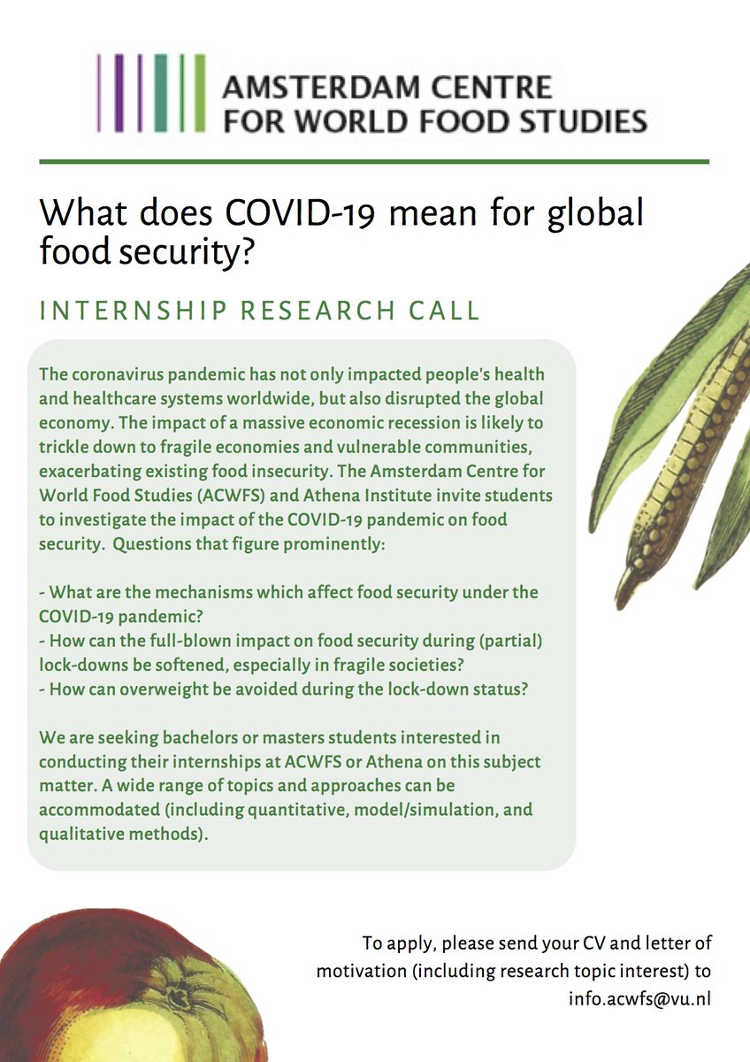 acwfs_VU's tweet photo. The #coronavirus pandemic is going to have lasting and widespread effects on the global economy and #foodsecurity. That's why we're opening an internship call to students who would like to be on the #coronavirusresearch forefront. Check out the call and share! 🫁🌍🍎🥦🐟 https://t.co/pIsmN7IiLB