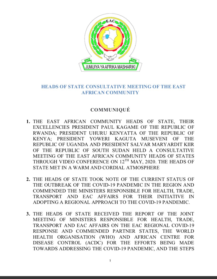 jumuiya's tweet photo. COMMUNIQUÉ: #EAC Heads of State Consultative Meeting on the #EAC regional response to the #COVID19 pandemic https://t.co/icG2FWtPfg https://t.co/EZyr79lnDF