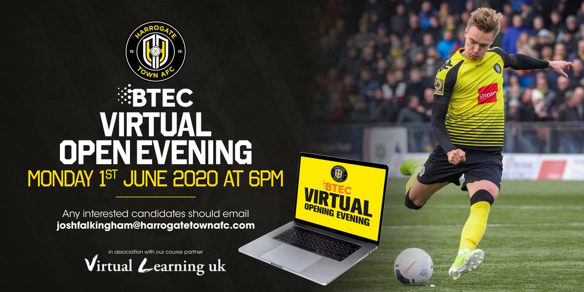 HarrogateTown's tweet photo. EDUCATION | Want to see what our BTEC programme has to offer?

Why not apply for our first ever VIRTUAL OPEN DAY?

For all prospective 20/21 applicants

💻Just turn your computer on
📅 Mon 1st June
🕕 6:00pm

More info or to register 👇
https://t.co/4ZboTTT0pW

#ProudToBeTown https://t.co/5EbGoBycA6