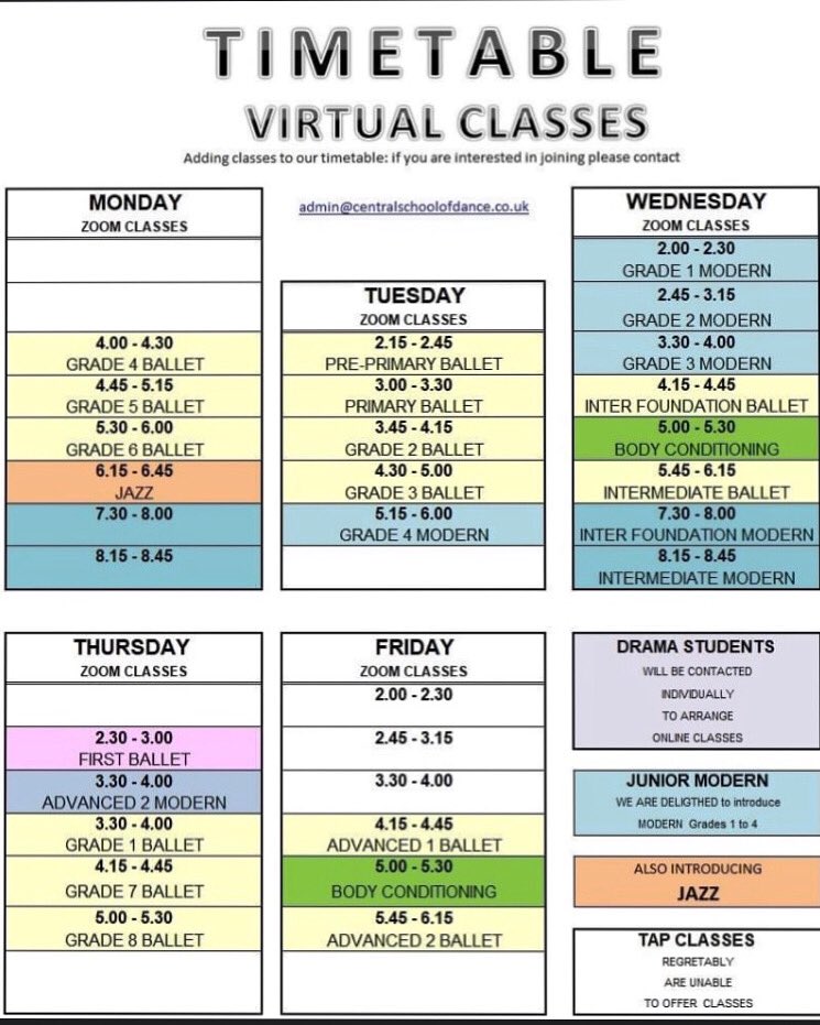 CentralDanceSch's tweet image. New virtual classes 👀 we are delighted to add more classes to our online timetable. Modern grades 1-4 and a jazz class 👍🏻
#onlinedance #virtualdanceclasses #stayconnected #stayfit #keepdancing #modern #ballet #tap #jazz #drama #lamda #bodyconditioning