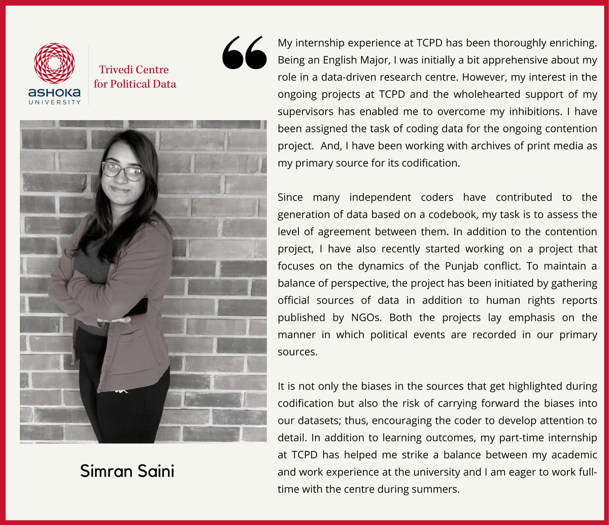 TCPD_Ashoka's tweet photo. TCPD Experiences –
What our interns are saying
_______
Simran Saini is an undergraduate third year English major at @AshokaUniv
#internship #studentinterns #research #politicaldata #indianpolitics #dataorganisation #datavisualisation #dataanalysis #ashokauniversity #TCPD https://t.co/JtcDJrcW3o