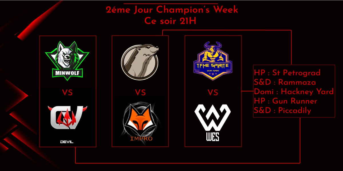 TournamentChmps's tweet photo. [#ChampionsWeekMAI1]

Voici le 2éme jour de la compétition:

⚔️@MinwolfEsport 🆚@Esportdevil 
🎙️@AlexisMari6
📽️https://t.co/QSqJsxCT3N…

⚔️@SpiriteTfme🆚@WEStructure
🎙️@UgoLefevre
📽️https://t.co/k56AGOs6yO…

⚔️@OtterzE 🆚@iMPROESPORT 
🎙️❌
📽️❌

Rendez vous ce soir à 21H !
GL ! https://t.co/YlaY1Q8mt2