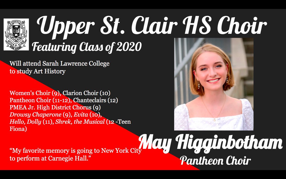 MillieMouse4's tweet photo. I will be honoring my Upper St. Clair HS Pantheon Choir Seniors this month.
Congratulations, May! Hope you can continue to let your beautiful voice be heard at Sarah Lawrence! We will miss you! ❤️
#uschs #uschschoir #USCHS2020 https://t.co/w7ftLivzlo