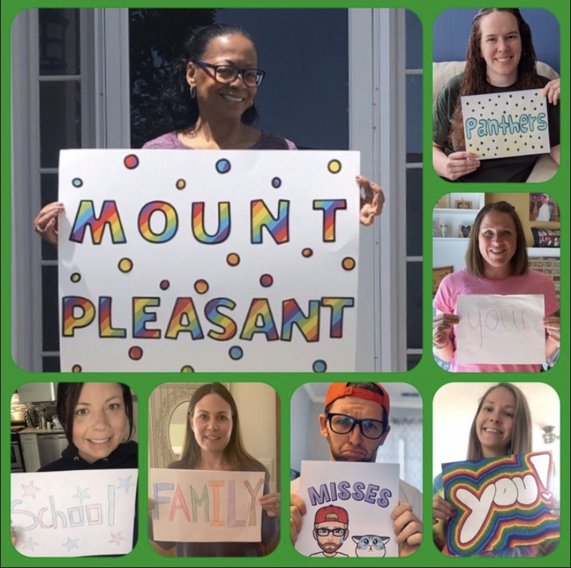 kheringPE's tweet photo. The Mount Pleasant Staff misses their students everyday. We are Panther Strong and will get through this pandemic together. 💚💛 @MillvilleBOE #mpshomelearning https://t.co/jzAXx4FNcf