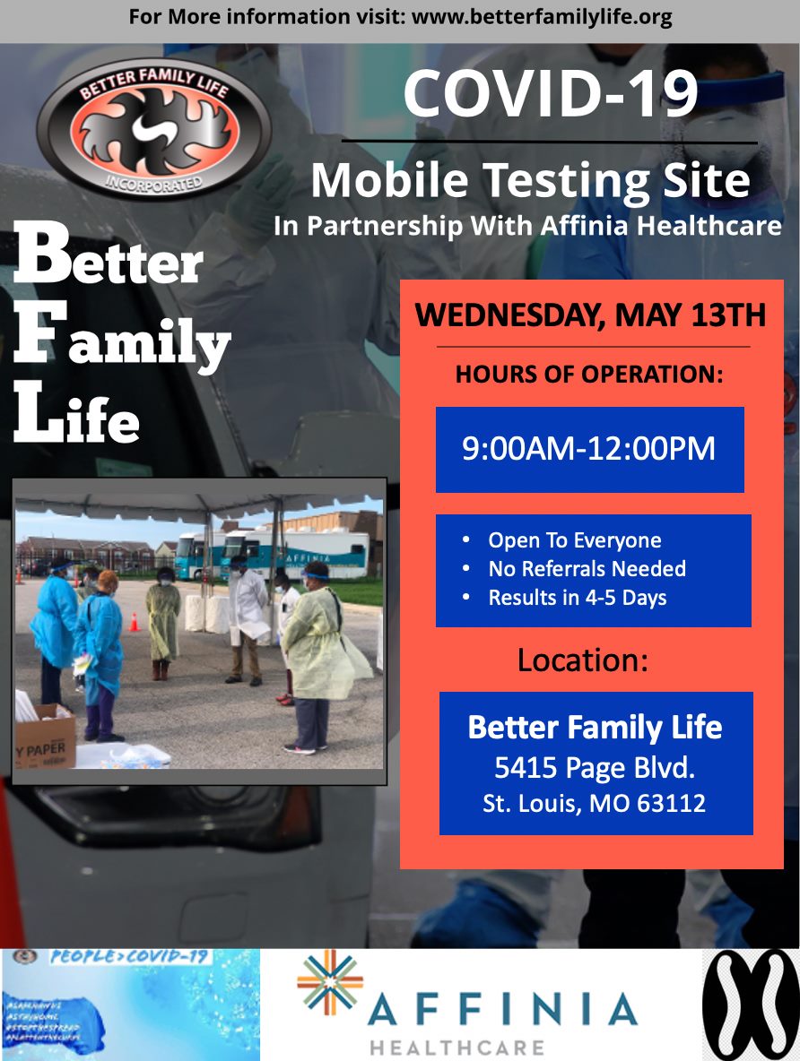 CBNSTL's tweet image. COVID-19 mobile testing site alert: stop by @bflfamily at 5415 Page Blvd this Wednesday, 5/13 from 9 am-12 pm to get tested. Site is open to all; no referrals needed. Results in 4-5 days. Co-hosted by @AffiniaHealth.