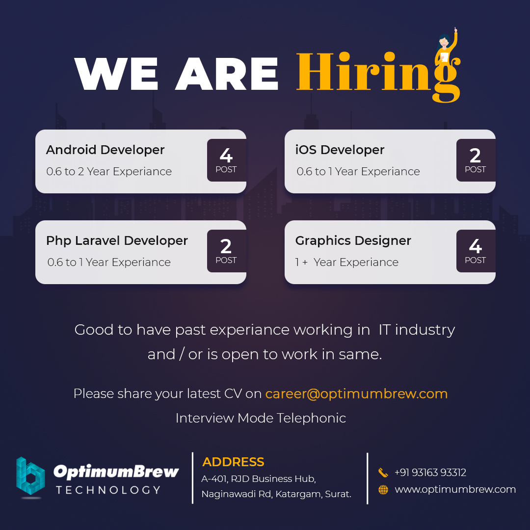 OptimumbrewLab's tweet image. Greetings From Optimumbrew Technology!
Vacancy for #AndroidDevelopers #iosDevelopers #PhplaravelDevelopers #GraphicsDesigner
Interview mode- Telephonic & Skype
#vacancy #Technicalprofile #Laravel #Ios #Android #Designers #Lockdown3.0 #Staysafe #stayhome #supportindia