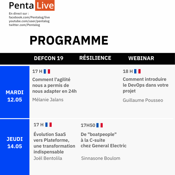 Pentalog's tweet photo. 🥁 Le programme #PentaLive 🔴/ #Webinaire à partager avec vos amis👇

🎙️Mélanie Jalans, @petitquotidien 
👨‍💻Guillaume Pousseo - https://t.co/QFYjAdfhQr
🎙️@JoelBentolila, @TalentsoftGroup
🎙️Sinnasone Boulom, @generalelectric

#COVID19 #Agile #Saas #Marketing #DevOps #Resilience https://t.co/eldvFXY4Rm