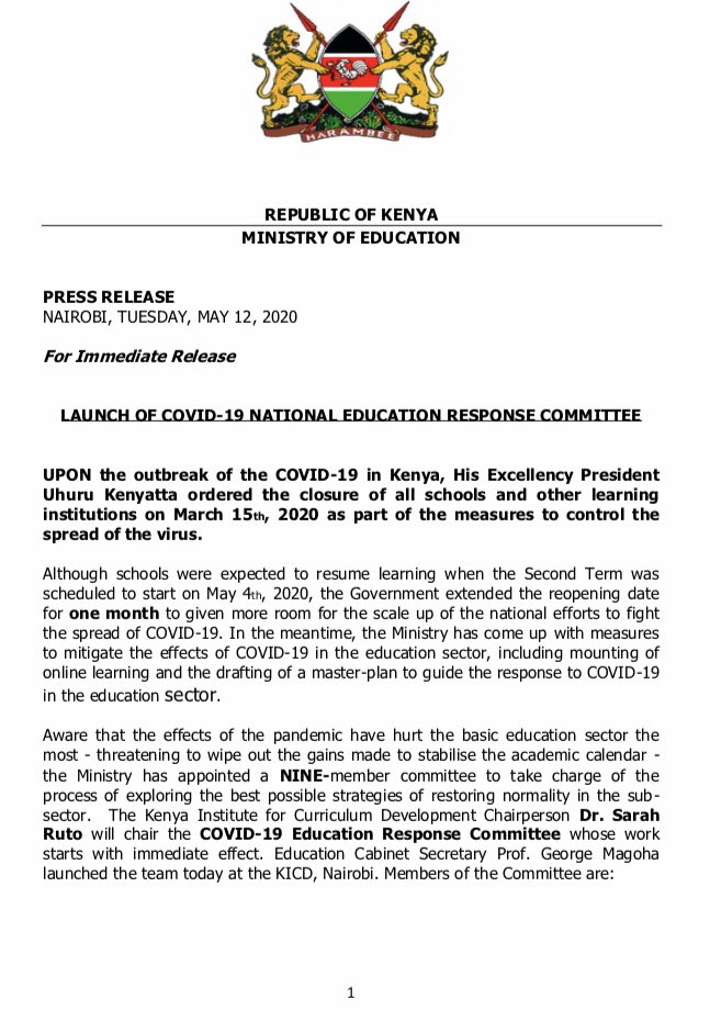 EduMinKenya's tweet photo. Education CS Prof. George Magoha today launched the national #COVID19 Education Response Committee @KICDKenya to explore measures for restoring normality in the schools calendar. https://t.co/s7eG8mGEr0