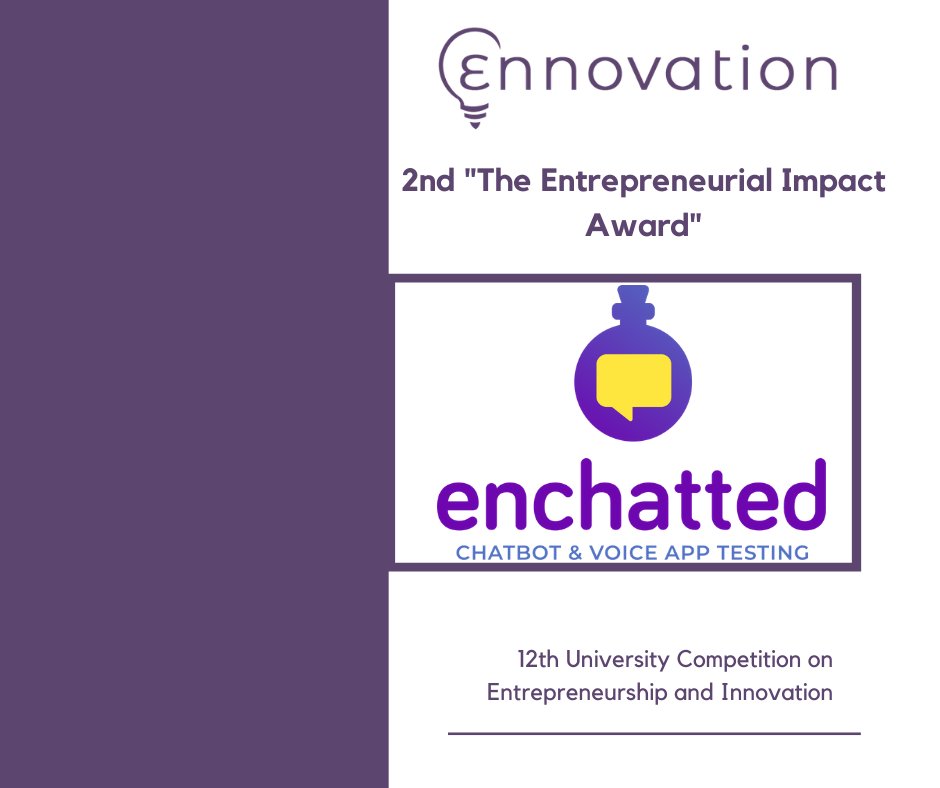 ennovationgr's tweet photo. Η ομάδα @enchattedcom απέσπασε το 2ο βραβείο στην κατηγορία "Entrepreneurial Impact"!
Συγχαρητήρια!

Πρόκειται για μία λύση που προσφέρει ολοκληρωμένες δοκιμές και αξιολόγηση για διεπαφές, όπως chatbots και εφαρμογές φωνής.

#ennovation2019 @ACEinAUEB https://t.co/9fylwr4ezm