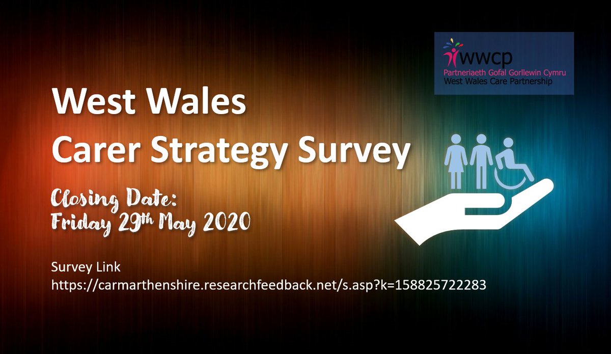 PGGCWWCP's tweet photo. The Health and Social Care organisations in west Wales are developing a regional strategy for unpaid carers which will be endorsed by the West Wales Regional Partnership Board.  Please circulate the survey link to your networks. Closing Date 29 May 2020.
https://t.co/XSTfacABqq https://t.co/8MX2j3Izvg