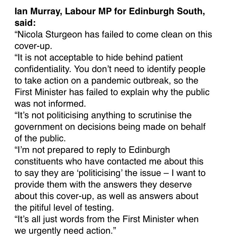 PeterAdamSmith's tweet photo. Statement from @IanMurrayMP says: “@NicolaSturgeon has failed to come clean on this cover-up...Not acceptable to hide behind patient confidentiality. You don’t need to identify people to take action on a pandemic outbreak, so FM has failed to explain why public was not informed.” https://t.co/osZGFY9f3M
