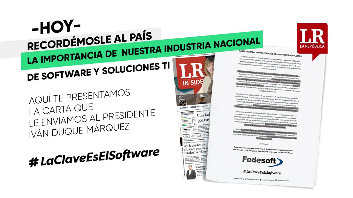 La industria nacional de software y soluciones TI, hace un llamado a <a href="/IvanDuque/">Iván Duque 🇨🇴</a>, para que sea la #IndustriaNacional el actor principal de los planes de reconstrucción,  solo así se podrá lograr la reactivación real de nuestra economía
bit.ly/2SXAv4B

#LaClaveEsElSoftware