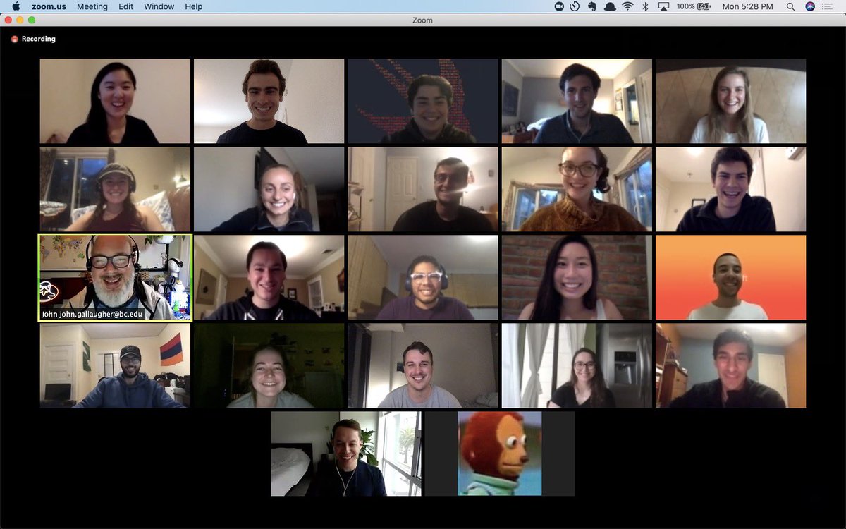 gallaugher's tweet photo. Over 20 former &amp; current students surprised me in Zoom last night &amp; ran “guess which alum this is?” Kahoots trivia. This was so incredibly kind. Thank you so much to all behind this &amp; to mastermind Linda Chen. Wish I could capture how you made me feel and share it with the world. https://t.co/cKvuRdrUAl
