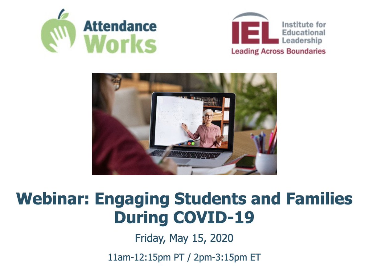 attendanceworks's tweet photo. Three days until our webinar @IELconnects ! Hear from 9 speakers about why connecting with students and families is key to having kids show up to learning now and in the fall. Register:  https://t.co/qg0931LSqc #COVID19 #principalsinaction #education https://t.co/sTCCwNSGAG