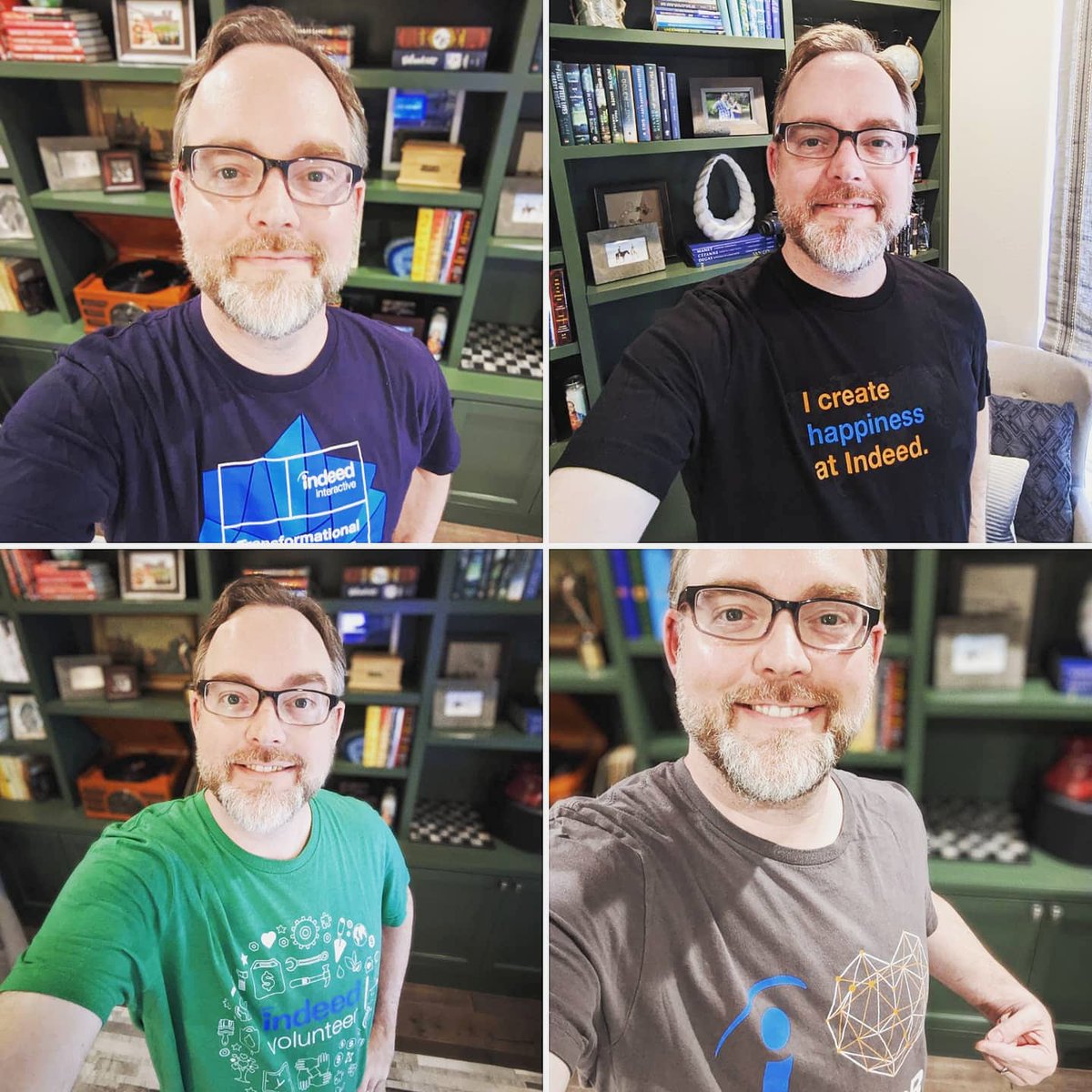 bryanchaney's tweet image. I&apos;ve been wearing my @indeed shirts non-stop during quarantine.

Top left is from 2016 #indeedinteractive where I first spoke as an Indeedian. Bottom right is for getting my first referral hired #insideindeed.

They&apos;re just 53 of the reasons why I love my job #tshirttuesday