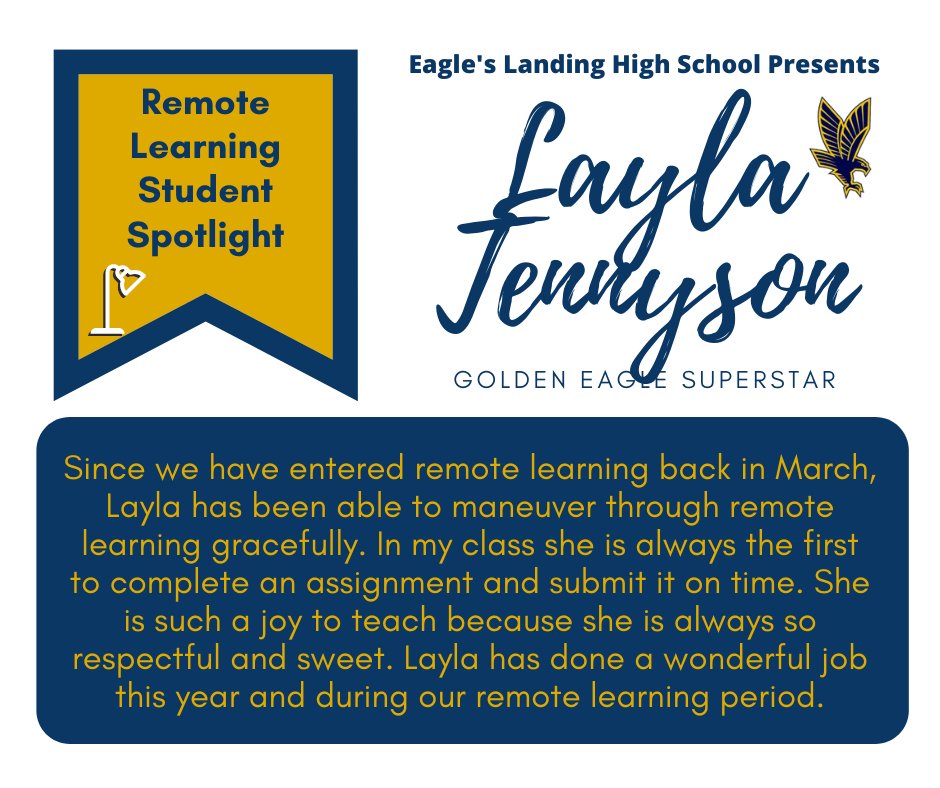 ELHS_HCS's tweet image. Layla Tennyson is our next Remote Learning Student Spotlight! Nominated by Ms. Fraser, Layla has been a joy all year, making her a Golden Eagle Superstar! @DrKeshaJones1 @KindraTukes @drwilliams08 #ELHSRemoteLearningSpotlight #RemoteLearninginHenry  #studentsintherace
