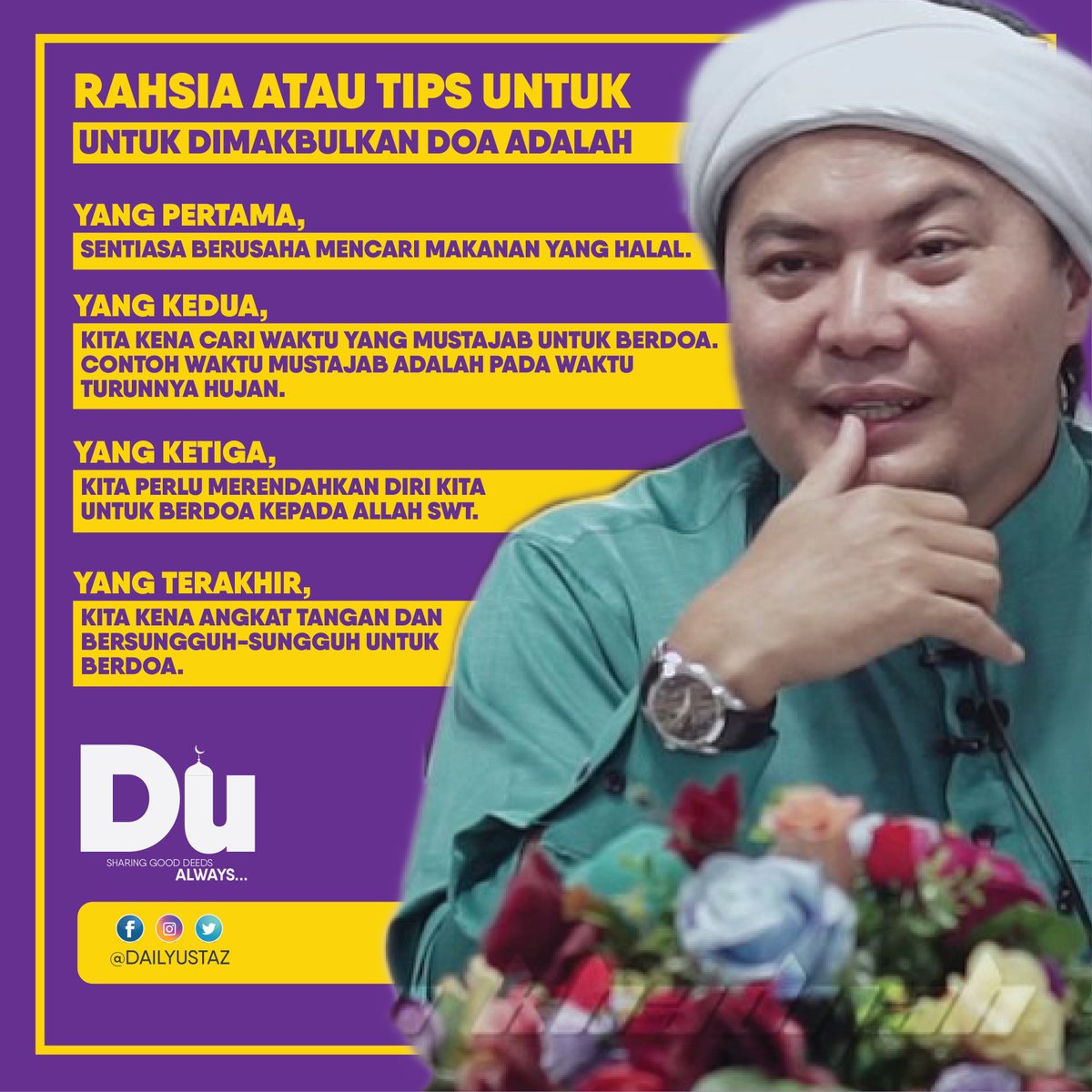 DailyUstaz's tweet photo. RAHSIA ATAU TIPS UNTUK DIMAKBULKAN DOA ADALAH yang pertama, sentiasa berusaha mencari makanan yang halal.
-  Ustaz Jafri Abu Bakar Mahmoodi

Lets spread this positivity.

#dailyustaz #islam #UstazJafriAbuBakarMahmoodi

Sumber : https://t.co/CNRKVuud4P https://t.co/aVxa32krvr